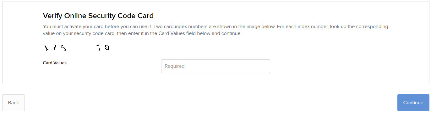 The verify online security code card panel in portal. 